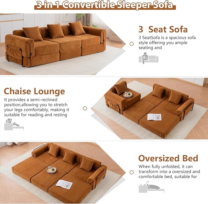 Cloud Modular Sectional Sofa, Foldable Floor Couch Bed, Convertible Sleeper Sofa Bed, Fold Out Boneless Couches for Living Room, Office, Guest Room, Apartment (3 Seater Couch, Orange)