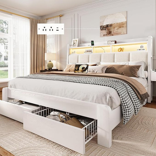 BRELTAM Queen Size Bed Frame with Storage Drawers Upholstered Bed with 2-Tier Storage Headboard and LED Light&Charging Station,Metal Platform Bed Frame Queen Size,Noise Free,No Box Spring Needed,White
