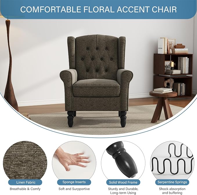 High Back Accent Chairs Set of 2, Upholstered Armchair Wingback Arm Chair for Living Room, Comfy Single Sofa Solid Wood Legs Bedroom Reading Seat - Taupe Tan