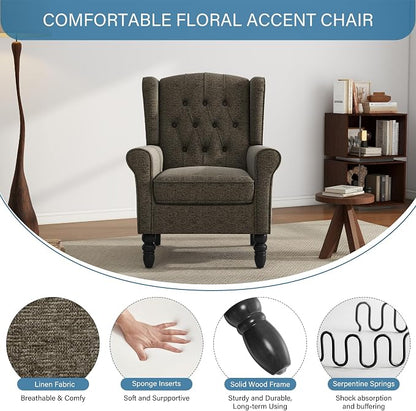 High Back Accent Chairs Set of 2, Upholstered Armchair Wingback Arm Chair for Living Room, Comfy Single Sofa Solid Wood Legs Bedroom Reading Seat - Taupe Tan