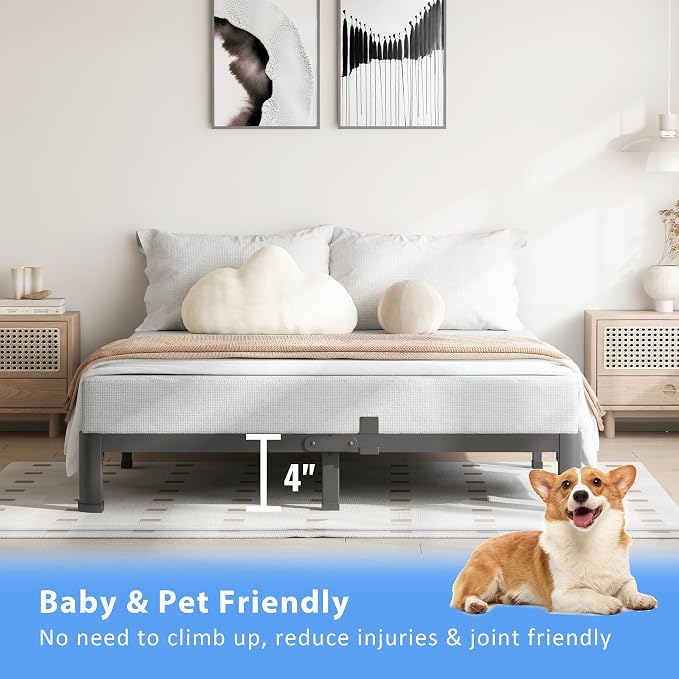 VIPSHOW 4 Inch King Size Bed Frame, 3500Lbs Heavy Duty Metal Platform with Round Corner Legs Mattress Slide Stopper, Steel Slat Support No Box Spring Needed, Noise Free, Non-Slip, Easy Assembly