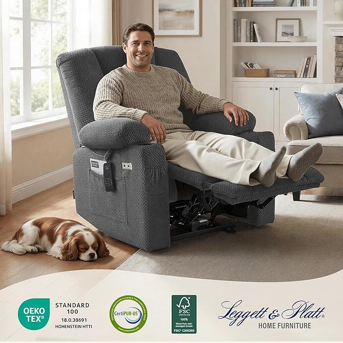 MCombo Oversized Zero Gravity Recliner Chair with Heating and Massage, Power Recliner for Big and Tall with USB & Type C Ports, Cup Holders for Living Room 8017 (Grey, Oversized)