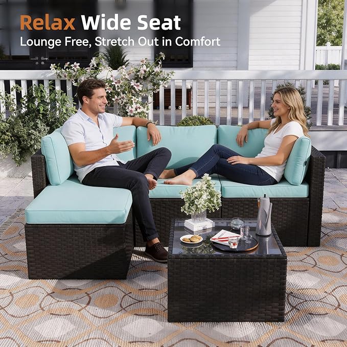 Aoxun Patio Furniture Set 5-Piece, Outdoor Sectional Sofas with Washable Cushion, Wicker Rattan Patio Conversation Sets for Backyard Porch and Poolside, Mint Blue