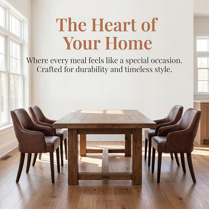 Faux Leather Upholstered Dining Chairs Set of 4 with Arms | Brown faux leather upholstery, solid wood legs, curved open back, padded seat, easy-care surface, dining room, kitchen