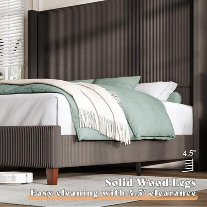 AMERLIFE Queen Size 62" Corduroy Upholstered Bed Frame, Luxurious Platform Bed with Extra Tall Wingback Headboard and Vertical Stripe, No Box Spring Needed/Solid Wood Slats & Legs/Chestnut
