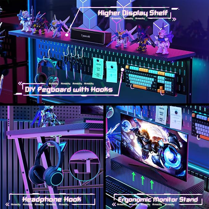 Armocity Gaming Computer Desk with Shelves and Outlets, Gaming Desk with Hutch and LED Lights, Reversible PC Gaming Desks with Pegboard, Carbon Fiber Black 47''