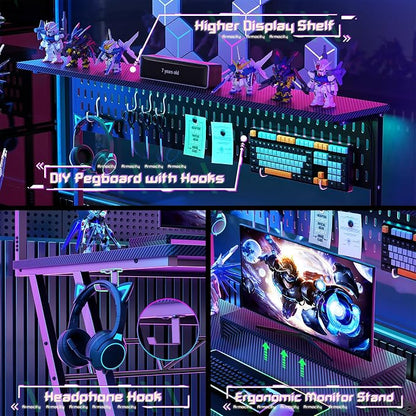 Armocity Gaming Computer Desk with Shelves and Outlets, Gaming Desk with Hutch and LED Lights, Reversible PC Gaming Desks with Pegboard, Carbon Fiber Black 47''