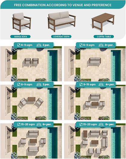 SERWALL 3 Pieces HDPE Outdoor Sofa Bistro Set with Cushion, Patio Outdoor Furniture Sofa Sets with Porch Chairs and Coffee Table, Brown Frame/Khaki Cushion