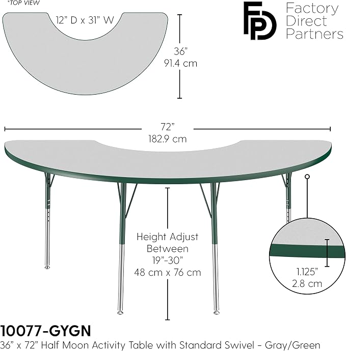 FDP Half Moon Activity School and Office Table (36 x 72 inch), Standard Legs with Swivel Glides for Collaborative Seating Environments, Adjustable Height 19-30 inches - Gray Top and Green Edge