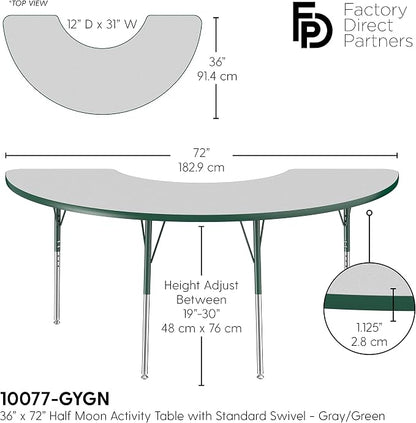 FDP Half Moon Activity School and Office Table (36 x 72 inch), Standard Legs with Swivel Glides for Collaborative Seating Environments, Adjustable Height 19-30 inches - Gray Top and Green Edge
