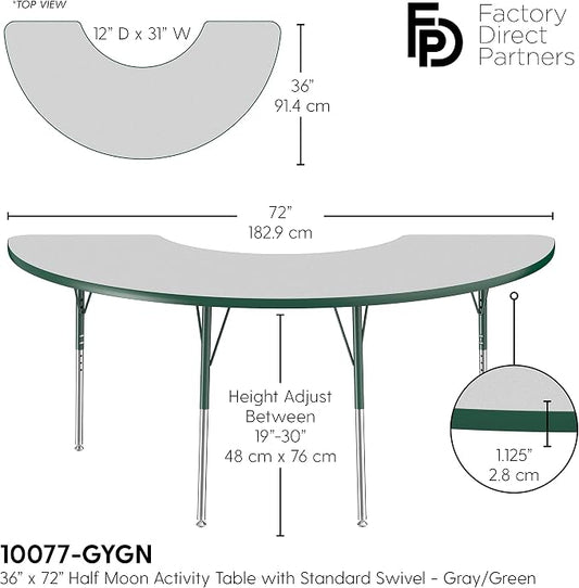 FDP Half Moon Activity School and Office Table (36 x 72 inch), Standard Legs with Swivel Glides for Collaborative Seating Environments, Adjustable Height 19-30 inches - Gray Top and Green Edge