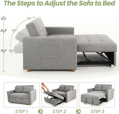 SEJOV Convertible Sofa Bed, 3-in-1 Sleeper Sofa Pull Out Couch Bed, 2-Seater Linen Fabric Loveseat Futon Sofa with Spring Support, Adjustable Backrest for Small Spaces, Living Room, Grey