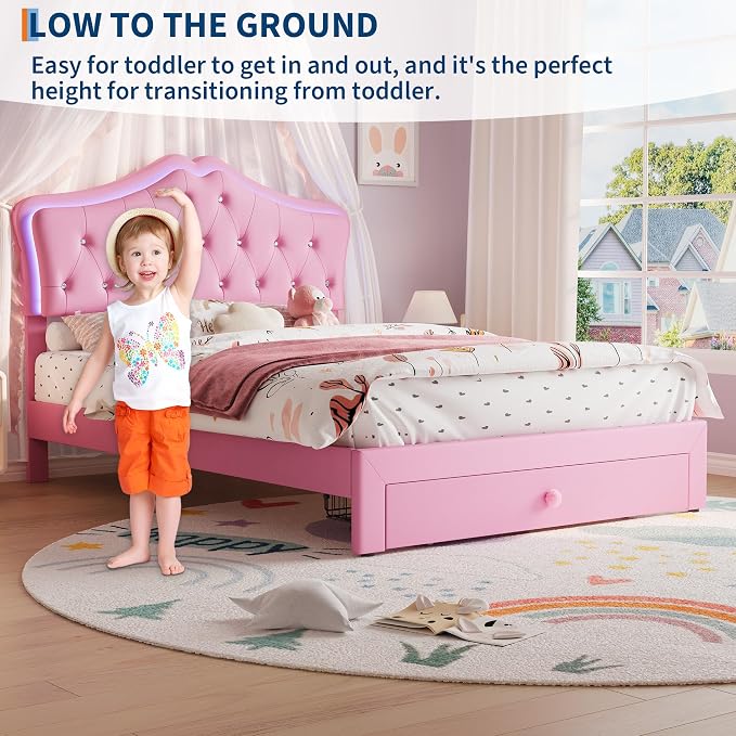 Garvee Full Size Bed Frame with LED Lights & Velvet Crystal Button Headboard, Upholstered Boy/Girl Platform Bed with Storage Drawer, Noise Free, No Box Spring Needed for Kids, Teens, Pink