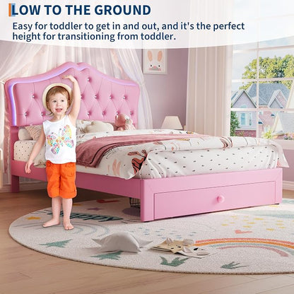Garvee Full Size Bed Frame with LED Lights & Velvet Crystal Button Headboard, Upholstered Boy/Girl Platform Bed with Storage Drawer, Noise Free, No Box Spring Needed for Kids, Teens, Pink