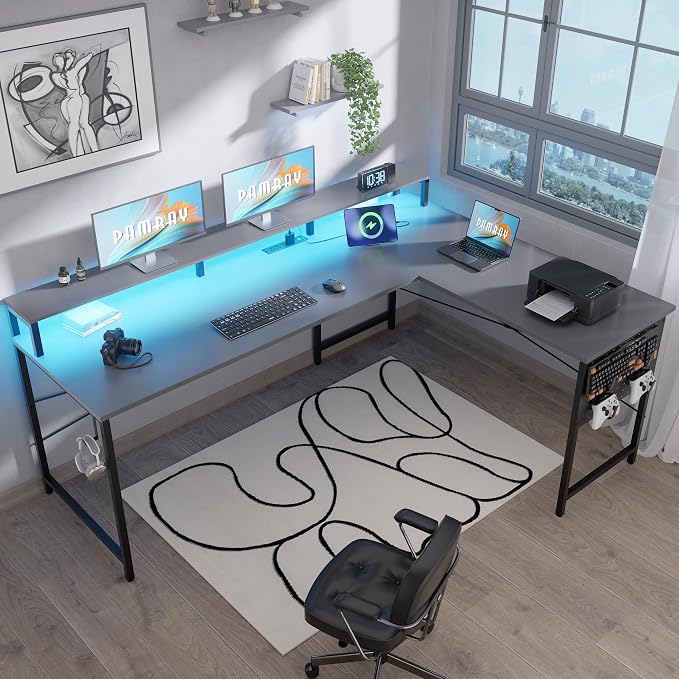 Pamray 64 Inch L Shaped Gaming Desk with Power Outlets and Led Lights, Large Corner Computer Desk with Monitor Stand and Pegboard, PC Table for Home Office and Bedroom Grey