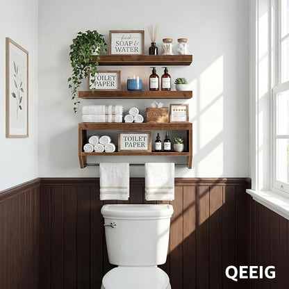 QEEIG Bathroom Floating Shelves for Wall - Shelf Over Toilet Paper Storage Farmhouse 24 inch Set of 3, Rustic Brown (028-60BN3)