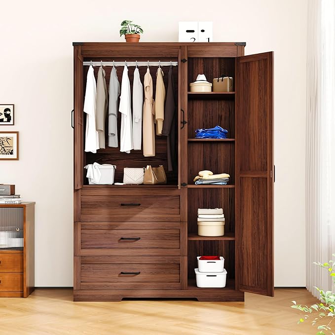 70" Tall Wardrobe Closet with 3 Doors & 3 Drawers, Farmhouse Armoire with Hanging Rod, Wooden Armoire Wardrobe Closet for Bedroom, Freestanding Clothing Storage Cabinet, Brown