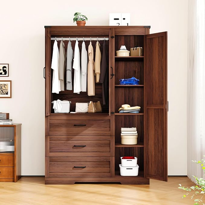 Farmhouse Wooden Armoire Storage Cabinet with Adjustable Shelves & Hanging Rod, 3 Doors Wardrobe Armoire Closet with Drawers, 70" Freestanding Clothing Storage Cabinet for Bedroom, Brown