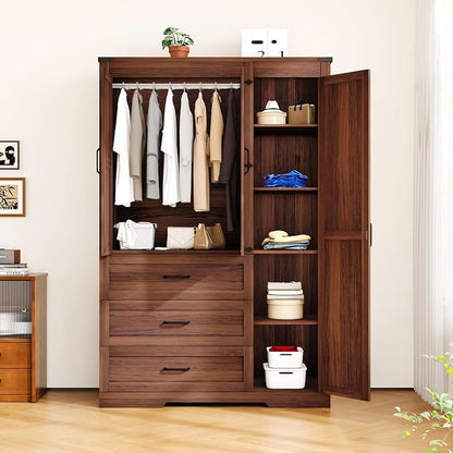 Farmhouse Wooden Armoire Storage Cabinet with Adjustable Shelves & Hanging Rod, 3 Doors Wardrobe Armoire Closet with Drawers, 70" Freestanding Clothing Storage Cabinet for Bedroom, Brown