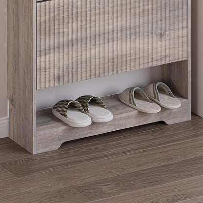 BORNOON Shoe Cabinet with 2 Flip Drawers, Fluted Shoe Storage Cabinet with Adjustable Shelves, Freestanding Rack and Organizer for Entryway, Closet, Hallway
