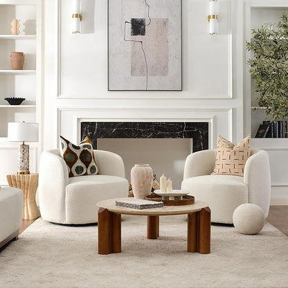 KINWELL 34" Wide Sherpa Swivel Barrel Chairs Set of 2, No Assembly Round Boucle Upholstered Accent Chairs Armchairs Single Sofa Chair with Toss Pillow for Living Room and Bedroom, Beige