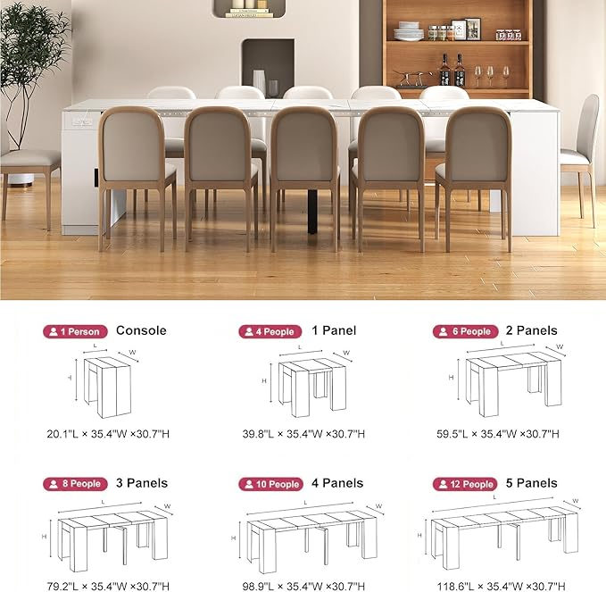 Extendable Dining Table with Storage, Transformer Extra Console Table for 1-12 People, Folding Space Saving Dining Room Table with Built-in Outlet for Homes, Apartments, Marble White
