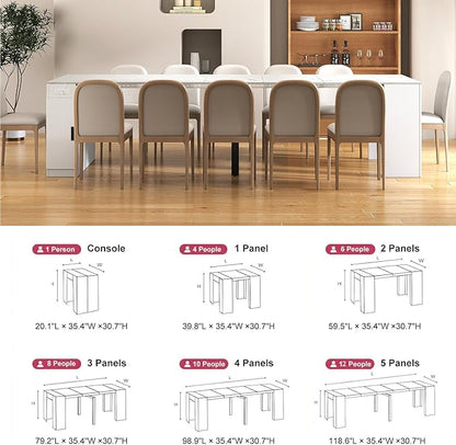 Extendable Dining Table with Storage, Transformer Extra Console Table for 1-12 People, Folding Space Saving Dining Room Table with Built-in Outlet for Homes, Apartments, Marble White