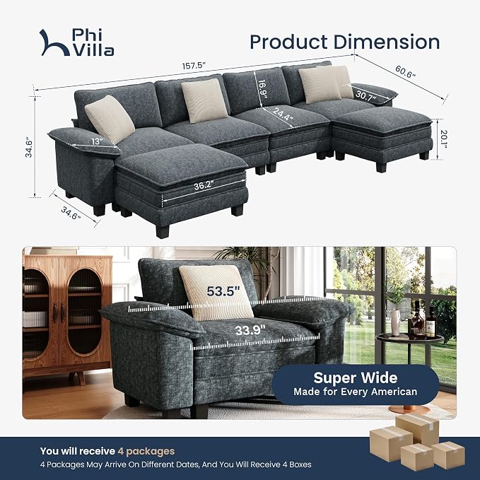 PHI VILLA Cloud Modular Couch Sets, 157.5" Oversized Sectional Sofa with U-Shaped Chaise, 6-Seater Couches with Movable Ottomans for Living Room, Chenille Dark Cyan
