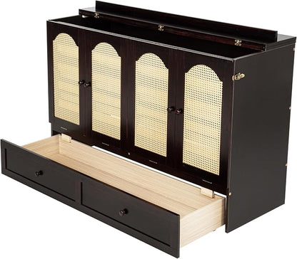 PVWIIK Queen Size Murphy Bed Cabinet with Power Station & Large Drawer for Bedroom,Pine Wood Folding Chest Bed with Rattan Panel, Space-Saving Wall Bed, Espresso