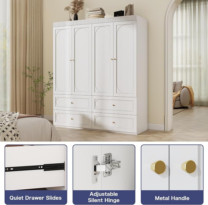 Bedroom Armoire Wardrobe Closet: 63" White Wardrobe Closet with Drawers, Wooden Closets Cabinet for Hanging Clothes, Large Wardrobes Armoires with Doors and Shelves(White)