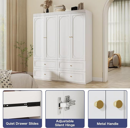 Bedroom Armoire Wardrobe Closet: 63" White Wardrobe Closet with Drawers, Wooden Closets Cabinet for Hanging Clothes, Large Wardrobes Armoires with Doors and Shelves(White)