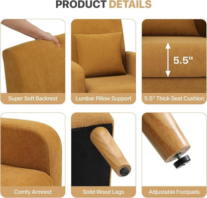 Magshion Accent Chair for Living Room, Comfy Mid-Century Reading Chair for Bedroom, Upholstered Linen Fabric Armchair Single Sofa with Back Pillow & Wood Legs, 300 lbs Capacity, Yellow