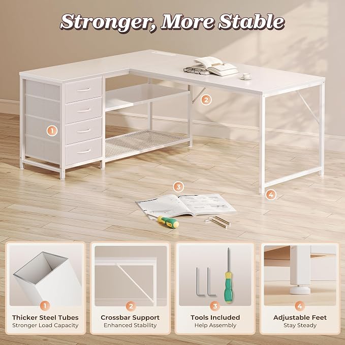 PRAISUN 53" L Shaped Desk with Power Outlets & USB-C Port, Reversible Computer Corner Office Desk with 4 Fabric Drawers and 2 Storage Shelves, Large Desk for Gaming Writing Work Study, White