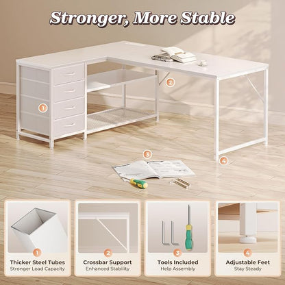 PRAISUN 53" L Shaped Desk with Power Outlets & USB-C Port, Reversible Computer Corner Office Desk with 4 Fabric Drawers and 2 Storage Shelves, Large Desk for Gaming Writing Work Study, White