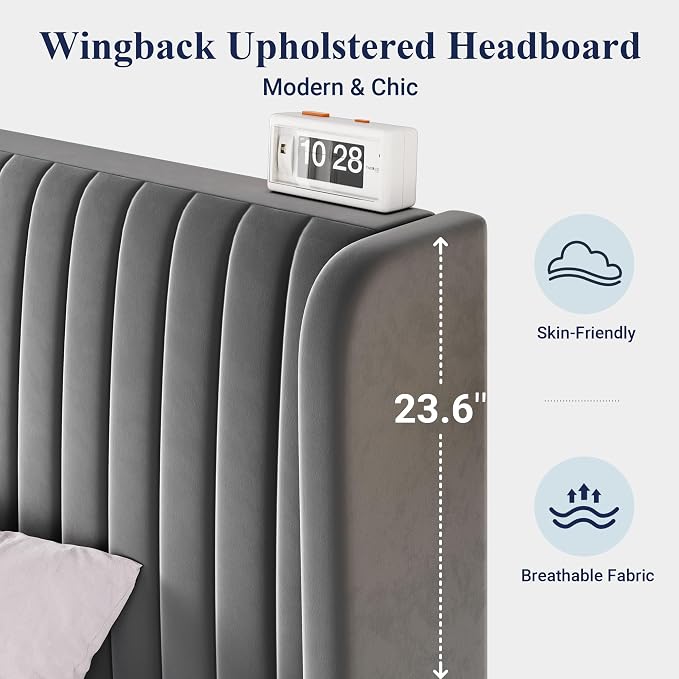 Allewie Full Size Velvet Bed Frame/Vertical Channel Tufted Wingback Headboard/Upholstered Platform Bed/Strong Wooden Slats/No Box Spring Needed/Easy Assembly/Grey