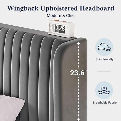 Allewie Queen Size Velvet Bed Frame/Vertical Channel Tufted Wingback Headboard/Upholstered Platform Bed/Strong Wooden Slats/No Box Spring Needed/Easy Assembly/Grey