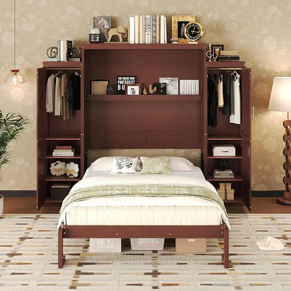 Merax Queen Size Wood Murphy Bed, with 2 Wardrobe and Storage Shelf, Multifunctional Foldable Wall Platform Bedframe for Guest-Room, Bedroom, Walnut
