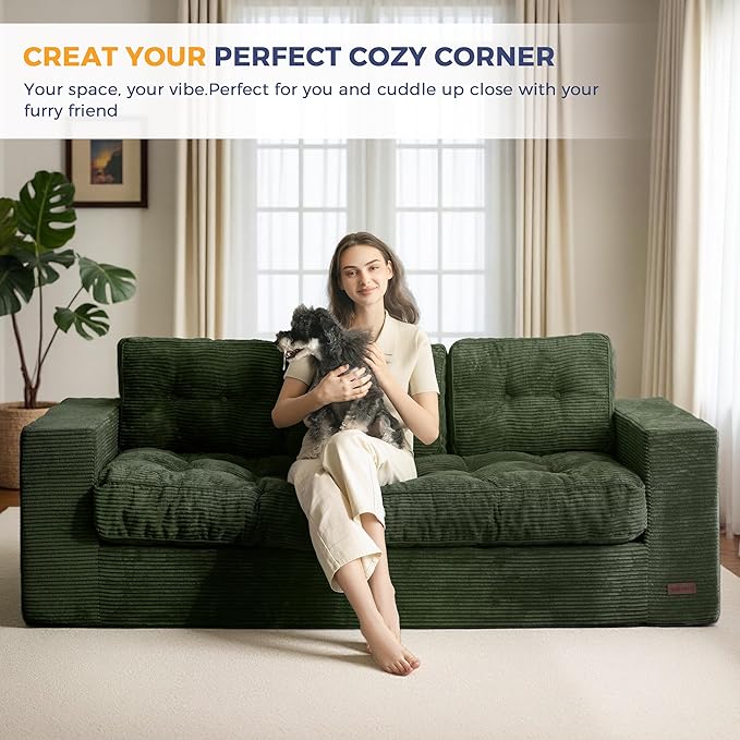 MAXYOYO Oversized Loveseat Sofa Couch, Upholstered Bean Bag Chair Cloud 3-Seat for Adults, Boneless Couch with Tufted Cushion & Pillows, Sofa in A Box, No Assembly Required, Dark Green