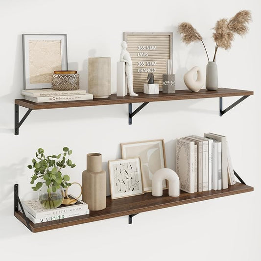 Axeman 48 Inch Floating Shelves | 10 Inch Deep Walnut Wall Shelves Set of 2 | 48" W x 10" D Walnut Floating Shelves for Living Room Bathroom Kitchen
