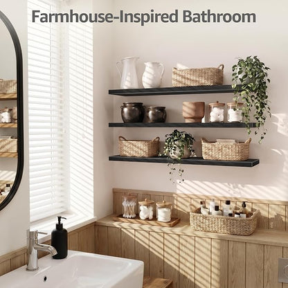QEEIG 12" Deep Floating Shelves for Wall - 12 x 48 inch Book Shelf Bathroom Bedroom Kitchen Living Room Hanging Bookshelf Farmhouse Set of 3, Black (026-120B3)