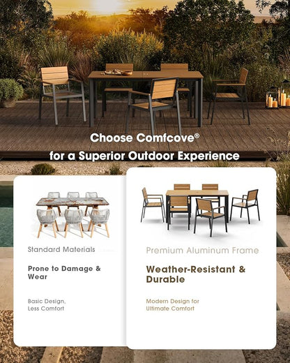 Outdoor Dining Chiars Set of 2, Aluminum Patio HDPS Outdooor Dining Chiars, All Weather Patio Furniture Set (Gray & Teak)