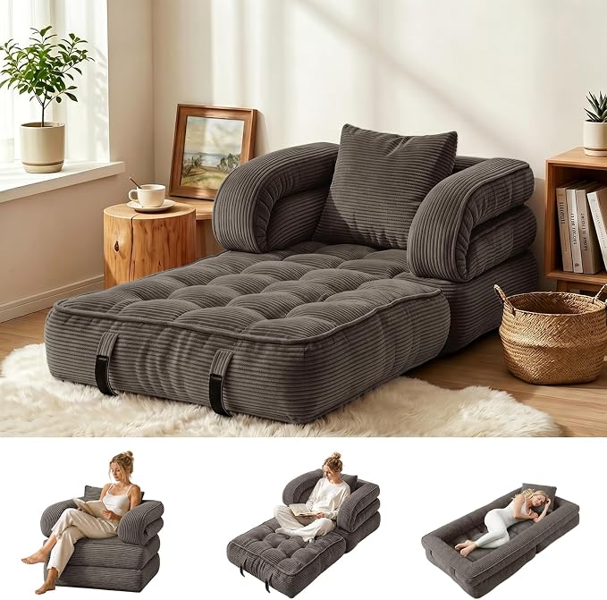 Folding Sofa Bed, Convertible Sleeper Chair with Armrests, Foldable Corduroy Boneless Bed, 3-in-1 Portable Futon Couch Floor Sofa with Pillow for Bedroom, Living Room, Coffee