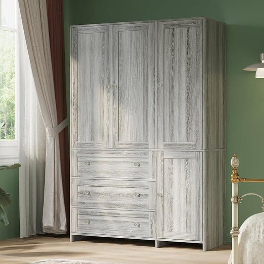 VOWNER Armoire Wardrobe Closet with Drawers and Mirror, 71" Clothing Storage Cabinet with Hanging Rod, 4 Doors Wooden Wardrobe Cabinet for Bedroom, Large Capacity Storage (1, Gray Oak)