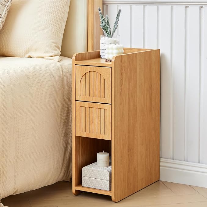 Narrow Nightstand Set of 2, Wooden Small 2 Drawer Nightstand, Slim Side End Table, Skinny Bedside Table, Mid Century Modern Night Stand with Drawers for Bedroom (Yellowish Natural)