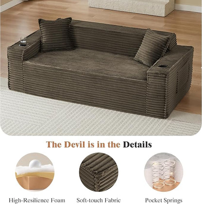 2 Pcs Living Room Cloud Sofa Set, Boneless Sofa Couches with Cup Holder with Side Pocket for Compact Living Rooms, Apartments (Brown, Single Chair and 3 Seat Sofa)
