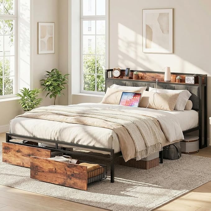 LIKIMIO Queen Size Bed Frame with 2 Drawers and Charging Station | Platform Bed with Upholstered Storage Headboard, No Box Spring Needed, Easy Assembly, Sturdy, Vintage Brown and Gray