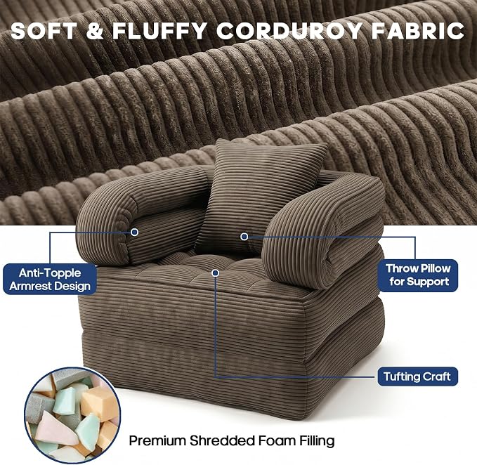 Folding Sofa Bed, Convertible Sleeper Chair with Armrests, Foldable Corduroy Boneless Bed, 3-in-1 Portable Futon Couch Floor Sofa with Pillow for Bedroom, Living Room, Coffee