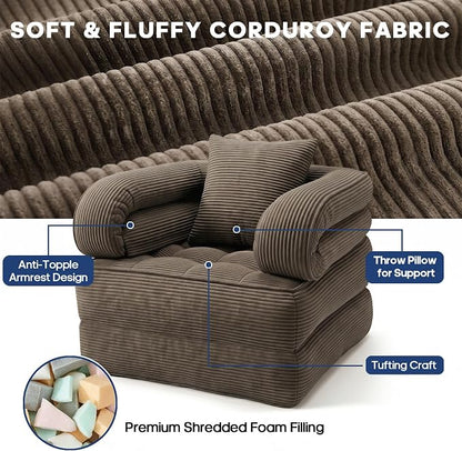 Folding Sofa Bed, Convertible Sleeper Chair with Armrests, Foldable Corduroy Boneless Bed, 3-in-1 Portable Futon Couch Floor Sofa with Pillow for Bedroom, Living Room, Coffee