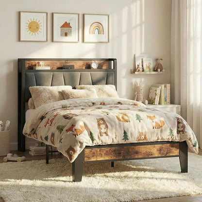 LIKIMIO Twin Bed Frames, Storage Headboard with Charging Station, Solid and Stable, Noise Free, No Box Spring Needed, Easy Assembly