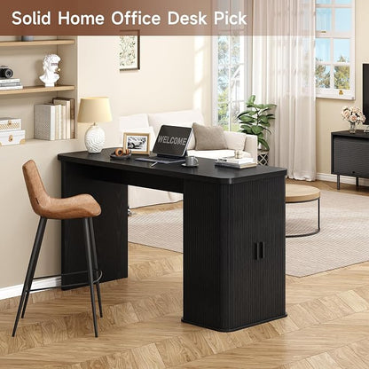 ONBRILL 59 Inch Kitchen Island with Storage, Fluted Counter Height Table, Mid-Century Modern Kitchen Island Table with Sliding Door, Home Bar Tables with Wine Rack and Drawers Black